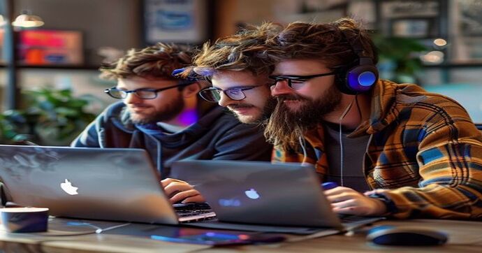 geek couple coding laptops coffee